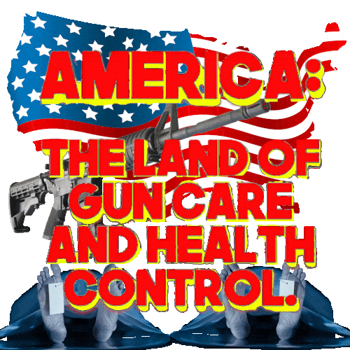 A map of the United States is filled with guns and medical symbols. Text reads America the land of gun care and health control. The scene highlights a contrast between gun culture and healthcare with a satirical and critical tone.
